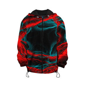 Детская куртка 3D с принтом Fractal в Екатеринбурге, 100% полиэстер | застежка — молния, подол и капюшон оформлены резинкой с фиксаторами, по бокам — два кармана без застежек, один потайной карман на груди, плотность верхнего слоя — 90 г/м2; плотность флисового подклада — 260 г/м2 | Тематика изображения на принте: волны | красный | черный
