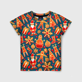 Детская футболка 3D с принтом Рождество в Екатеринбурге, 100% гипоаллергенный полиэфир | прямой крой, круглый вырез горловины, длина до линии бедер, чуть спущенное плечо, ткань немного тянется | колокольчик | олень | паттерн | свеча | снежинка | фон | шарик