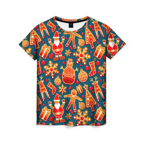 Женская футболка 3D с принтом Рождество в Екатеринбурге, 100% полиэфир ( синтетическое хлопкоподобное полотно) | прямой крой, круглый вырез горловины, длина до линии бедер | колокольчик | олень | паттерн | свеча | снежинка | фон | шарик