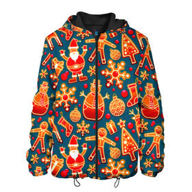 Мужская куртка 3D с принтом Рождество в Екатеринбурге, ткань верха — 100% полиэстер, подклад — флис | прямой крой, подол и капюшон оформлены резинкой с фиксаторами, два кармана без застежек по бокам, один большой потайной карман на груди. Карман на груди застегивается на липучку | колокольчик | олень | паттерн | свеча | снежинка | фон | шарик