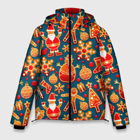 Мужская зимняя куртка 3D с принтом Рождество в Екатеринбурге, верх — 100% полиэстер; подкладка — 100% полиэстер; утеплитель — 100% полиэстер | длина ниже бедра, свободный силуэт Оверсайз. Есть воротник-стойка, отстегивающийся капюшон и ветрозащитная планка. 

Боковые карманы с листочкой на кнопках и внутренний карман на молнии. | колокольчик | олень | паттерн | свеча | снежинка | фон | шарик