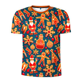 Мужская футболка 3D спортивная с принтом Рождество в Екатеринбурге, 100% полиэстер с улучшенными характеристиками | приталенный силуэт, круглая горловина, широкие плечи, сужается к линии бедра | Тематика изображения на принте: колокольчик | олень | паттерн | свеча | снежинка | фон | шарик
