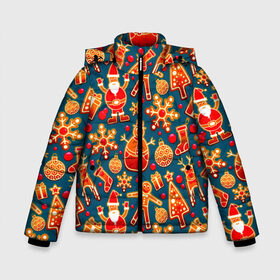 Зимняя куртка для мальчиков 3D с принтом Рождество в Екатеринбурге, ткань верха — 100% полиэстер; подклад — 100% полиэстер, утеплитель — 100% полиэстер | длина ниже бедра, удлиненная спинка, воротник стойка и отстегивающийся капюшон. Есть боковые карманы с листочкой на кнопках, утяжки по низу изделия и внутренний карман на молнии. 

Предусмотрены светоотражающий принт на спинке, радужный светоотражающий элемент на пуллере молнии и на резинке для утяжки | колокольчик | олень | паттерн | свеча | снежинка | фон | шарик