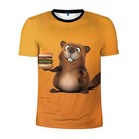 Мужская футболка 3D спортивная с принтом Бобренок в Екатеринбурге, 100% полиэстер с улучшенными характеристиками | приталенный силуэт, круглая горловина, широкие плечи, сужается к линии бедра | бобер | бобрик | гамбургер | дети. ярко | еда | желтый. весело | креатив | прикол