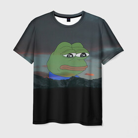 Мужская футболка 3D с принтом Sad frog в Екатеринбурге, 100% полиэфир | прямой крой, круглый вырез горловины, длина до линии бедер | Тематика изображения на принте: pepe | пепе