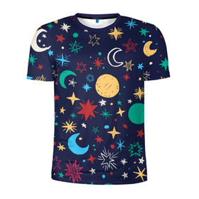 Мужская футболка 3D спортивная с принтом Звездное небо в Екатеринбурге, 100% полиэстер с улучшенными характеристиками | приталенный силуэт, круглая горловина, широкие плечи, сужается к линии бедра | абстракция | арт | звезды | космос | луна | месяц | небо | планеты