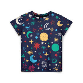 Детская футболка 3D с принтом Звездное небо в Екатеринбурге, 100% гипоаллергенный полиэфир | прямой крой, круглый вырез горловины, длина до линии бедер, чуть спущенное плечо, ткань немного тянется | Тематика изображения на принте: абстракция | арт | звезды | космос | луна | месяц | небо | планеты