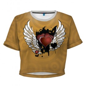Женская футболка 3D укороченная с принтом Сердце с крыльями в Екатеринбурге, 100% полиэстер | круглая горловина, длина футболки до линии талии, рукава с отворотами | граффити | тату
