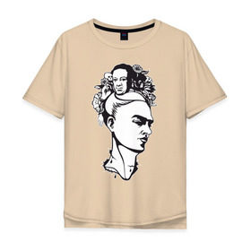 Мужская футболка хлопок Oversize с принтом Фрида в Екатеринбурге, 100% хлопок | свободный крой, круглый ворот, “спинка” длиннее передней части | арт | девушка | женщина | любовь | мексика | портрет | фрида | художник | цветы | череп