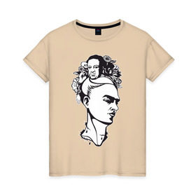 Женская футболка хлопок с принтом Фрида в Екатеринбурге, 100% хлопок | прямой крой, круглый вырез горловины, длина до линии бедер, слегка спущенное плечо | арт | девушка | женщина | любовь | мексика | портрет | фрида | художник | цветы | череп