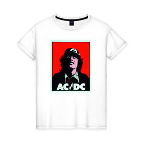 Женская футболка хлопок с принтом AC/DC: T-SHIRT в Екатеринбурге, 100% хлопок | прямой крой, круглый вырез горловины, длина до линии бедер, слегка спущенное плечо | Тематика изображения на принте: acdc