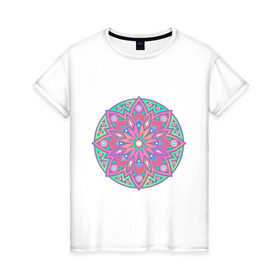 Женская футболка хлопок с принтом Мандала в Екатеринбурге, 100% хлопок | прямой крой, круглый вырез горловины, длина до линии бедер, слегка спущенное плечо | абстракция | арт | геометрия | лепестки | цвет | цветок
