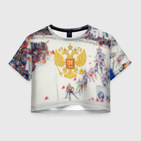 Женская футболка 3D укороченная с принтом Биатлон в Екатеринбурге, 100% полиэстер | круглая горловина, длина футболки до линии талии, рукава с отворотами | Тематика изображения на принте: 