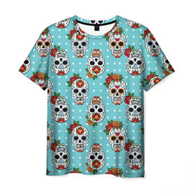 Мужская футболка 3D с принтом Узор Черепа Чикано в Екатеринбурге, 100% полиэфир | прямой крой, круглый вырез горловины, длина до линии бедер | кости | мексика | мозаика | узор | цветы | череп | чикано