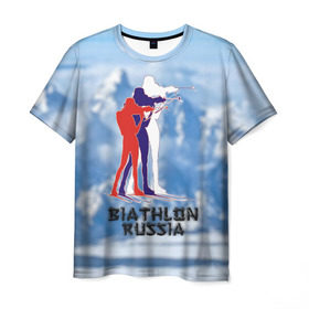 Мужская футболка 3D с принтом Biathlon russia в Екатеринбурге, 100% полиэфир | прямой крой, круглый вырез горловины, длина до линии бедер | биатлон