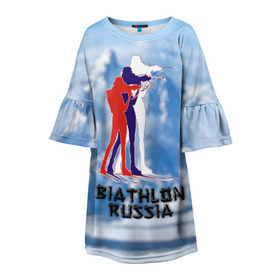 Детское платье 3D с принтом Biathlon russia в Екатеринбурге, 100% полиэстер | прямой силуэт, чуть расширенный к низу. Круглая горловина, на рукавах — воланы | Тематика изображения на принте: биатлон