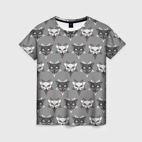 Женская футболка 3D с принтом Злые котики в Екатеринбурге, 100% полиэфир ( синтетическое хлопкоподобное полотно) | прямой крой, круглый вырез горловины, длина до линии бедер | дьявол | звезда | кот | котик | кошка | милота | пентаграмма | серый | юмор