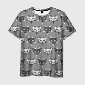 Мужская футболка 3D с принтом Злые котики в Екатеринбурге, 100% полиэфир | прямой крой, круглый вырез горловины, длина до линии бедер | дьявол | звезда | кот | котик | кошка | милота | пентаграмма | серый | юмор