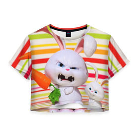 Женская футболка 3D укороченная с принтом Злой кролик в Екатеринбурге, 100% полиэстер | круглая горловина, длина футболки до линии талии, рукава с отворотами | Тематика изображения на принте: животные | злой | игрушка | кролик | мультфильм | тайная жизнь домашних животных