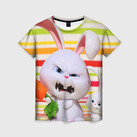 Женская футболка 3D с принтом Злой кролик в Екатеринбурге, 100% полиэфир ( синтетическое хлопкоподобное полотно) | прямой крой, круглый вырез горловины, длина до линии бедер | Тематика изображения на принте: животные | злой | игрушка | кролик | мультфильм | тайная жизнь домашних животных
