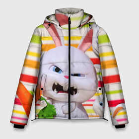 Мужская зимняя куртка 3D с принтом Злой кролик в Екатеринбурге, верх — 100% полиэстер; подкладка — 100% полиэстер; утеплитель — 100% полиэстер | длина ниже бедра, свободный силуэт Оверсайз. Есть воротник-стойка, отстегивающийся капюшон и ветрозащитная планка. 

Боковые карманы с листочкой на кнопках и внутренний карман на молнии. | Тематика изображения на принте: животные | злой | игрушка | кролик | мультфильм | тайная жизнь домашних животных