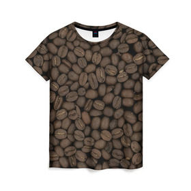 Женская футболка 3D с принтом Кофейные зёрна в Екатеринбурге, 100% полиэфир ( синтетическое хлопкоподобное полотно) | прямой крой, круглый вырез горловины, длина до линии бедер | coffee | coffee grains | grains | кофе | кофейные зёрна