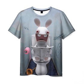 Мужская футболка 3D с принтом Кролик с газетой в Екатеринбурге, 100% полиэфир | прямой крой, круглый вырез горловины, длина до линии бедер | rabbids | вантуз | горшок | зайцы засранцы | заяц | туалет