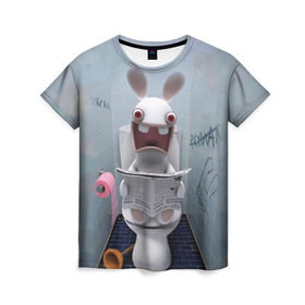 Женская футболка 3D с принтом Кролик с газетой в Екатеринбурге, 100% полиэфир ( синтетическое хлопкоподобное полотно) | прямой крой, круглый вырез горловины, длина до линии бедер | rabbids | вантуз | горшок | зайцы засранцы | заяц | туалет