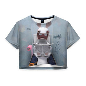 Женская футболка 3D укороченная с принтом Кролик с газетой в Екатеринбурге, 100% полиэстер | круглая горловина, длина футболки до линии талии, рукава с отворотами | rabbids | вантуз | горшок | зайцы засранцы | заяц | туалет