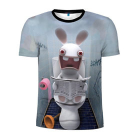 Мужская футболка 3D спортивная с принтом Кролик с газетой в Екатеринбурге, 100% полиэстер с улучшенными характеристиками | приталенный силуэт, круглая горловина, широкие плечи, сужается к линии бедра | rabbids | вантуз | горшок | зайцы засранцы | заяц | туалет