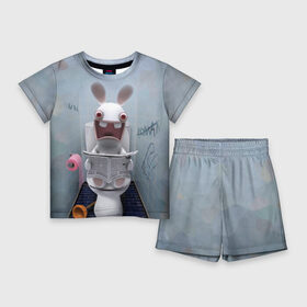 Детский костюм с шортами 3D с принтом Кролик с газетой в Екатеринбурге,  |  | rabbids | вантуз | горшок | зайцы засранцы | заяц | туалет