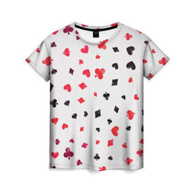 Женская футболка 3D с принтом Карточные масти в Екатеринбурге, 100% полиэфир ( синтетическое хлопкоподобное полотно) | прямой крой, круглый вырез горловины, длина до линии бедер | бубны | казино | карты | крести | пики | покер | туз | червы