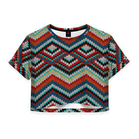 Женская футболка 3D укороченная с принтом Узоры вышивки в Екатеринбурге, 100% полиэстер | круглая горловина, длина футболки до линии талии, рукава с отворотами | вязаный | зигзаг | ромбы | свитер