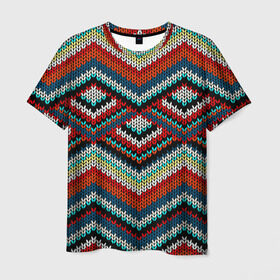 Мужская футболка 3D с принтом Узоры вышивки в Екатеринбурге, 100% полиэфир | прямой крой, круглый вырез горловины, длина до линии бедер | вязаный | зигзаг | ромбы | свитер