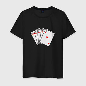 Мужская футболка хлопок с принтом Флэш Рояль в Екатеринбурге, 100% хлопок | прямой крой, круглый вырез горловины, длина до линии бедер, слегка спущенное плечо. | казино | карты | покер | туз | червы