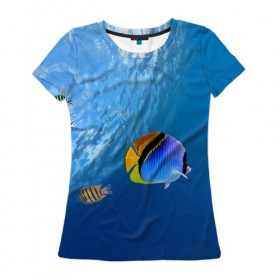 Женская футболка 3D с принтом Море в Екатеринбурге, 100% полиэфир ( синтетическое хлопкоподобное полотно) | прямой крой, круглый вырез горловины, длина до линии бедер | вода | волна | море | океан | подводный мир | рыба | солнце