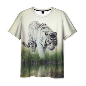 Мужская футболка 3D с принтом Белый тигр в Екатеринбурге, 100% полиэфир | прямой крой, круглый вырез горловины, длина до линии бедер | дикая кошка | природа | тигр | хищник