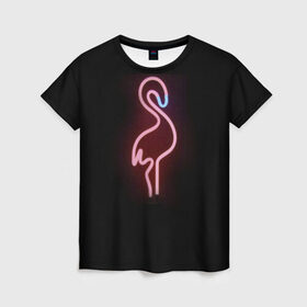 Женская футболка 3D с принтом Светящийся фламинго в Екатеринбурге, 100% полиэфир ( синтетическое хлопкоподобное полотно) | прямой крой, круглый вырез горловины, длина до линии бедер | Тематика изображения на принте: неон | птицы | фламинго