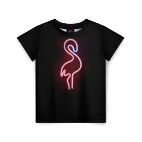 Детская футболка 3D с принтом Светящийся фламинго в Екатеринбурге, 100% гипоаллергенный полиэфир | прямой крой, круглый вырез горловины, длина до линии бедер, чуть спущенное плечо, ткань немного тянется | Тематика изображения на принте: неон | птицы | фламинго
