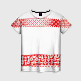 Женская футболка 3D с принтом Славянский орнамент (на белом) в Екатеринбурге, 100% полиэфир ( синтетическое хлопкоподобное полотно) | прямой крой, круглый вырез горловины, длина до линии бедер | орнамент | россия | славяне | узор
