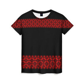 Женская футболка 3D с принтом Славянский орнамент (на чёрном) в Екатеринбурге, 100% полиэфир ( синтетическое хлопкоподобное полотно) | прямой крой, круглый вырез горловины, длина до линии бедер | орнамент | россия | славяне | узор