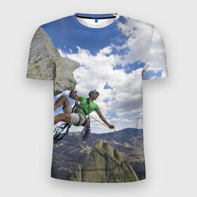 Мужская футболка 3D спортивная с принтом На пике славы в Екатеринбурге, 100% полиэстер с улучшенными характеристиками | приталенный силуэт, круглая горловина, широкие плечи, сужается к линии бедра | альпинист | горы | дерево | новинки | природа