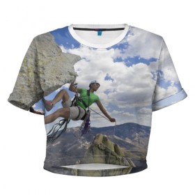 Женская футболка 3D укороченная с принтом На пике славы в Екатеринбурге, 100% полиэстер | круглая горловина, длина футболки до линии талии, рукава с отворотами | альпинист | горы | дерево | новинки | природа
