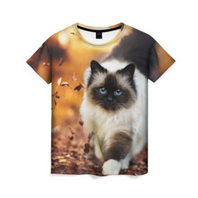 Женская футболка 3D с принтом Котик в листьях в Екатеринбурге, 100% полиэфир ( синтетическое хлопкоподобное полотно) | прямой крой, круглый вырез горловины, длина до линии бедер | грация | кот | котик | кошка | листья | осень