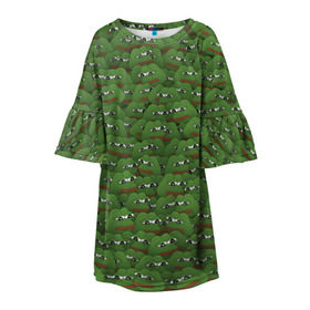 Детское платье 3D с принтом Грустные лягушки в Екатеринбурге, 100% полиэстер | прямой силуэт, чуть расширенный к низу. Круглая горловина, на рукавах — воланы | Тематика изображения на принте: frog | mem | sad | мем
