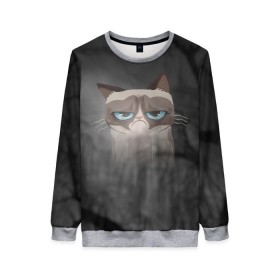 Женский свитшот 3D с принтом Grumpy Cat в Екатеринбурге, 100% полиэстер с мягким внутренним слоем | круглый вырез горловины, мягкая резинка на манжетах и поясе, свободная посадка по фигуре | кот | мем | угрюмый