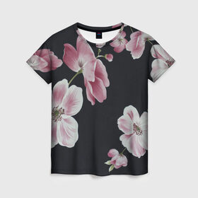 Женская футболка 3D с принтом Цветы на черном фоне в Екатеринбурге, 100% полиэфир ( синтетическое хлопкоподобное полотно) | прямой крой, круглый вырез горловины, длина до линии бедер | растения | стиль | цветы
