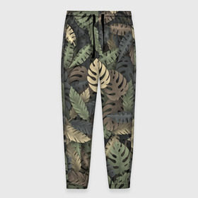 Мужские брюки 3D с принтом Тропический камуфляж в Екатеринбурге, 100% полиэстер | манжеты по низу, эластичный пояс регулируется шнурком, по бокам два кармана без застежек, внутренняя часть кармана из мелкой сетки | джунгли | камуфляж | листья | милитари | монстера | пальма | природа