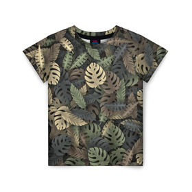 Детская футболка 3D с принтом Тропический камуфляж в Екатеринбурге, 100% гипоаллергенный полиэфир | прямой крой, круглый вырез горловины, длина до линии бедер, чуть спущенное плечо, ткань немного тянется | джунгли | камуфляж | листья | милитари | монстера | пальма | природа