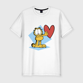 Мужская футболка премиум с принтом Гарфилд в Екатеринбурге, 92% хлопок, 8% лайкра | приталенный силуэт, круглый вырез ворота, длина до линии бедра, короткий рукав | Тематика изображения на принте: гарфилд | знак | кот | мультфильм